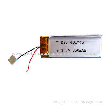 Rechargeable lithium polymer battery, 3.7V/350mAh, sized 4x17x45mm